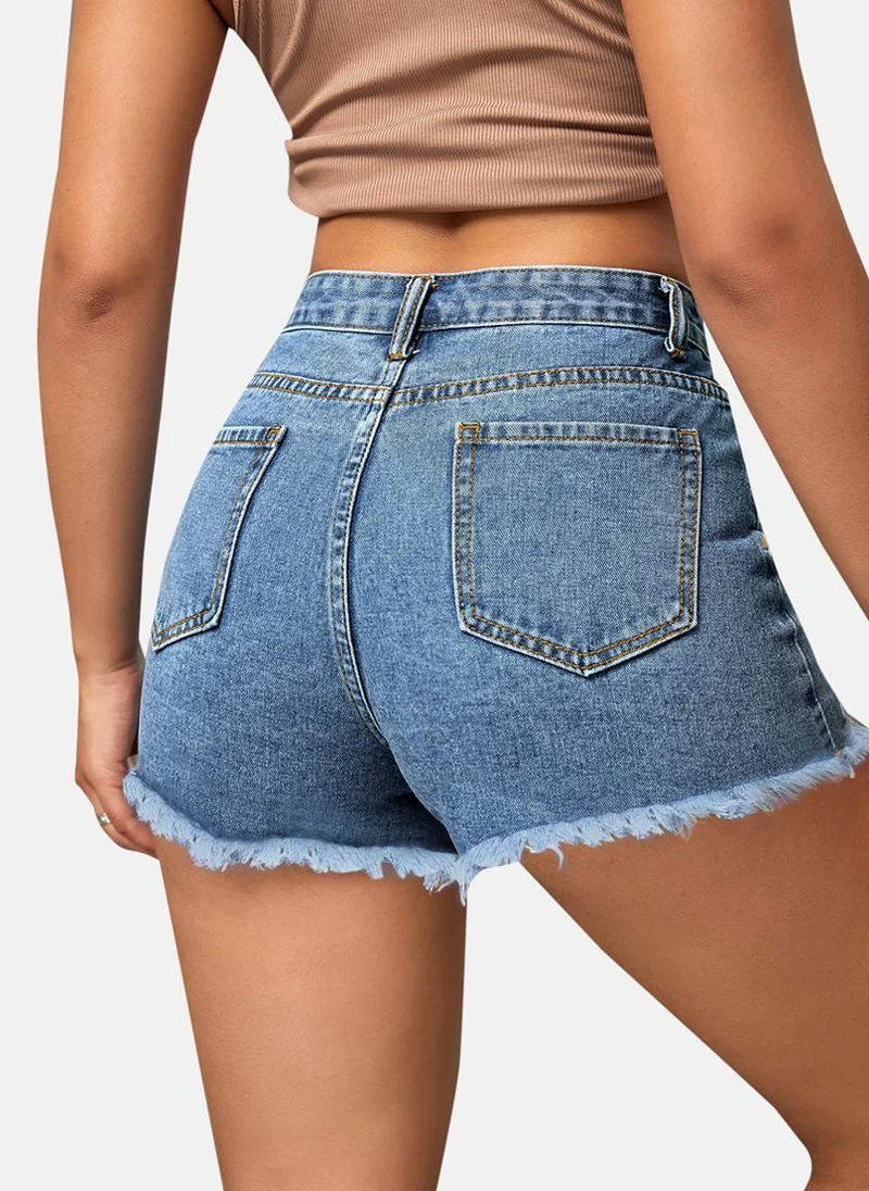YUNIQEE Blue Slim Fit Solid Denim Shorts