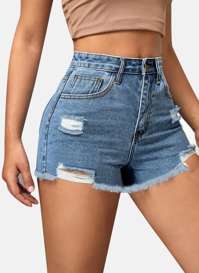 YUNIQEE Blue Slim Fit Solid Denim Shorts