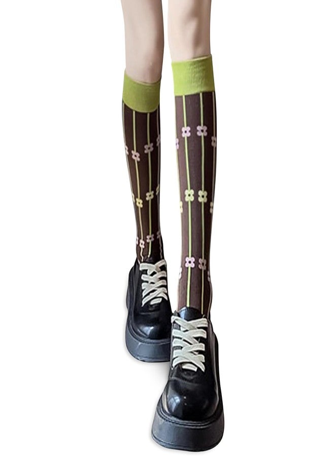 Benefeet Sox جوارب طويلة خضراء لطيفة للنساء والفتيات، مزينة بالزهور، جوارب قطنية طويلة مريحة، جوارب رياضية ملونة ومرحة بنقوش مميزة، جوارب بيسبول أنبوبية، أخضر بني مخطط بالزهور - Image 3