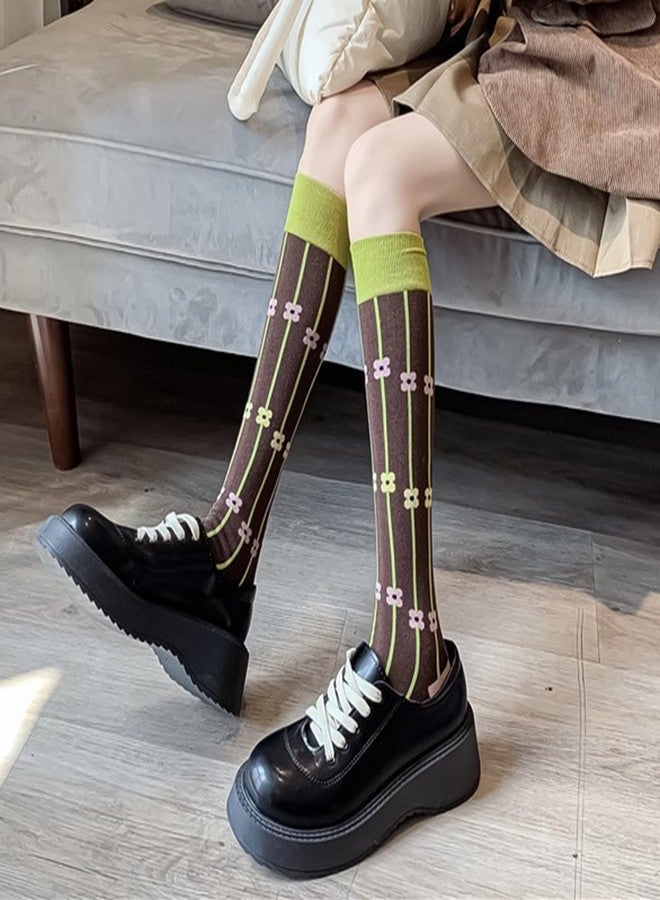 Benefeet Sox جوارب طويلة خضراء لطيفة للنساء والفتيات، مزينة بالزهور، جوارب قطنية طويلة مريحة، جوارب رياضية ملونة ومرحة بنقوش مميزة، جوارب بيسبول أنبوبية، أخضر بني مخطط بالزهور - Image 5