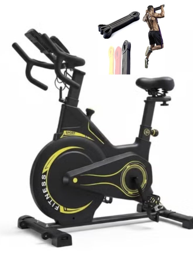 A durable indoor rotating exercise bike, suitable for home gyms, featuring an LCD display, phone holder, bottle holder, and adjustable seat. (Includes a free black resistance band) - Image 1