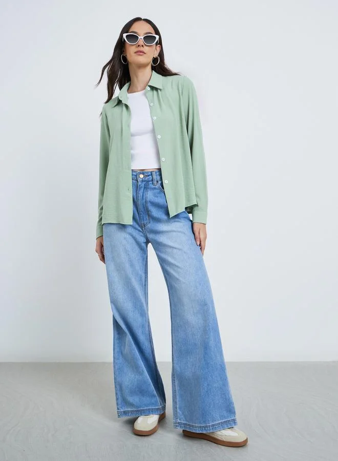 ستايلي Styli Women Green Plain Collared Shirt