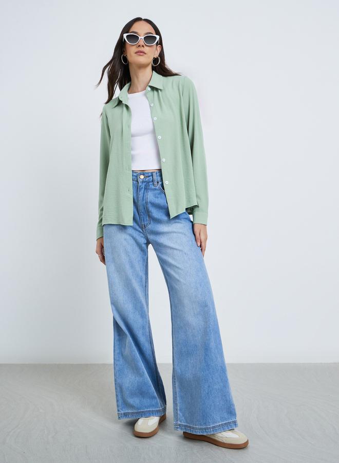 ستايلي قميص نسائي أخضر سادة بياقة - Image 2