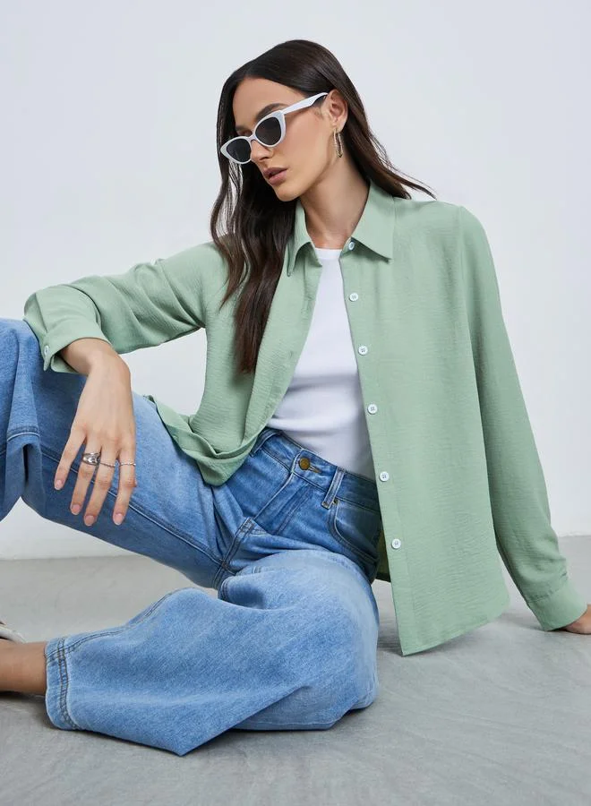 Styli Green Women Green Plain Collared Shirt for Women | Best Price UAE