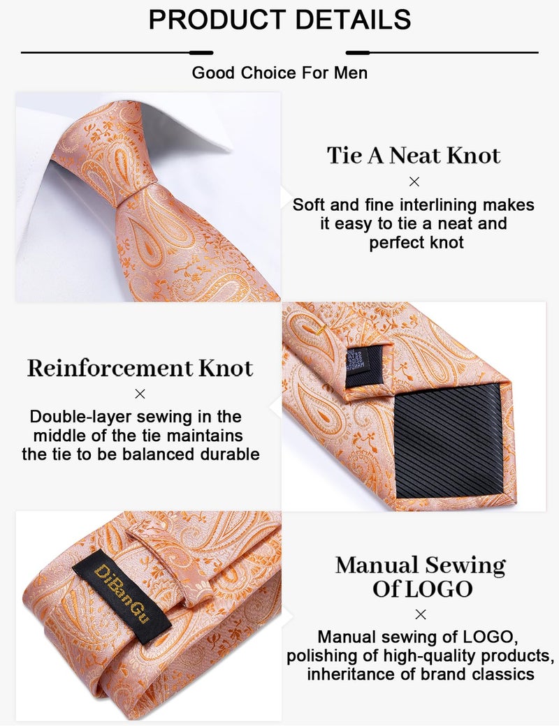 DiBanGu Paisley Ties for Men Silk Necktie and Pocket Square Cufflinks Tie Clip Set Woven Classic Mens Tie for Wedding Party, Coral Orange - Image 5