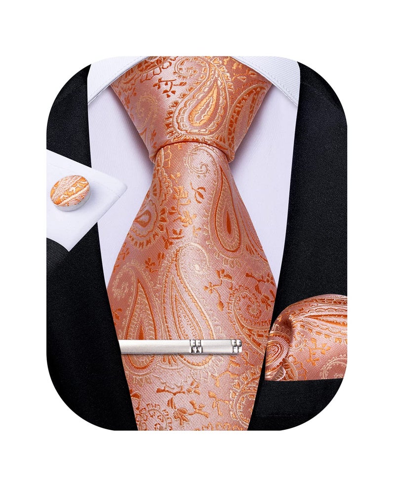 DiBanGu Paisley Ties for Men Silk Necktie and Pocket Square Cufflinks Tie Clip Set Woven Classic Mens Tie for Wedding Party, Coral Orange - Image 1
