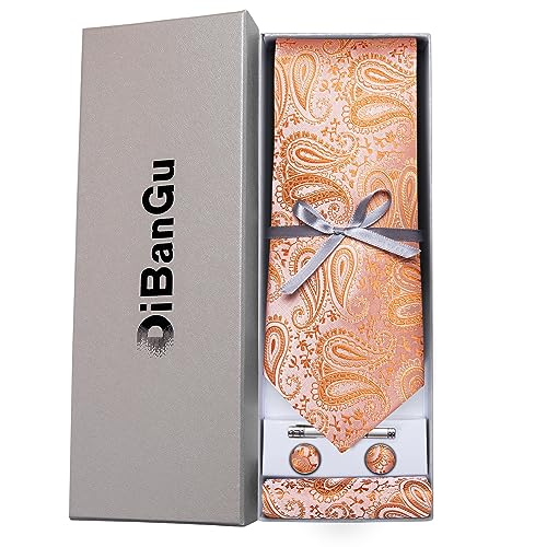 DiBanGu Paisley Ties for Men Silk Necktie and Pocket Square Cufflinks Tie Clip Set Woven Classic Mens Tie for Wedding Party, Coral Orange - Image 3