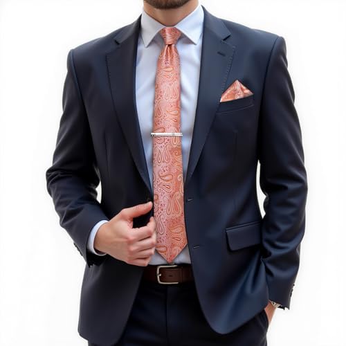 DiBanGu Paisley Ties for Men Silk Necktie and Pocket Square Cufflinks Tie Clip Set Woven Classic Mens Tie for Wedding Party, Coral Orange - Image 2