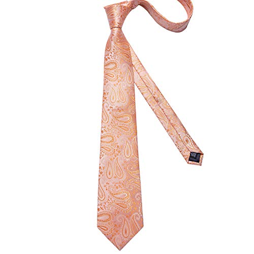 DiBanGu Paisley Ties for Men Silk Necktie and Pocket Square Cufflinks Tie Clip Set Woven Classic Mens Tie for Wedding Party, Coral Orange - Image 4