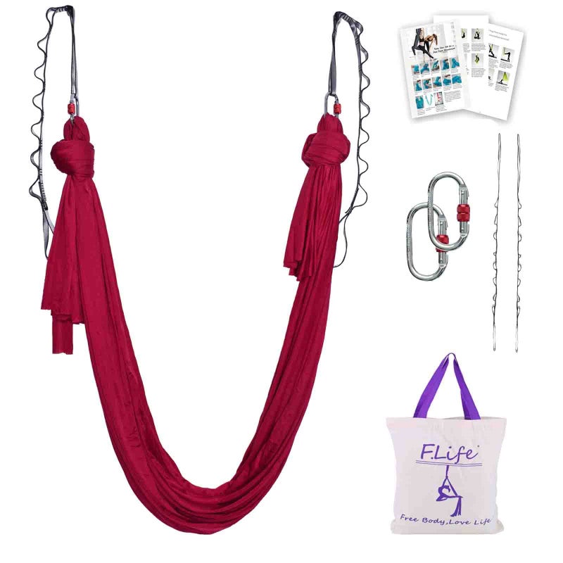 Flife F.Life Aerial Yoga Hammock 5.5 yards non Stretch Aerial Silk Fabric Swing for Antigravity Yoga Inversion Include Daisy Chain,Carabiner and Pose Guide(Dark Red)) - Image 1
