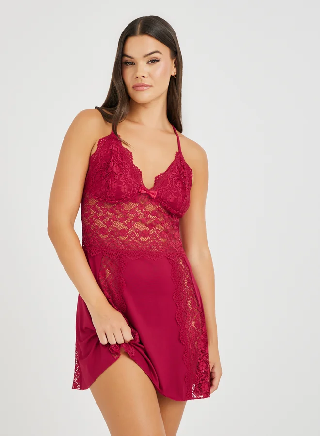 تايك تو Take Two Solid Floral Lace Cup Bow Detail Slip Dress