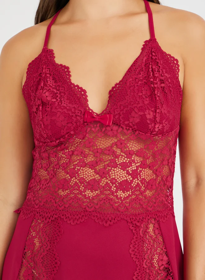 تايك تو Take Two Solid Floral Lace Cup Bow Detail Slip Dress