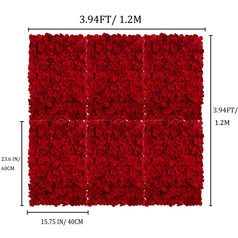 BLOSMON Flower Wall Backdrop Red - 6 Pcs 24 x 16 Inch Artificial Hydrangea Floral Panels for Wedding Party Baby Bridal Shower Decor - Fake 3D Silk Flower Backdrop Decoration - Image 2