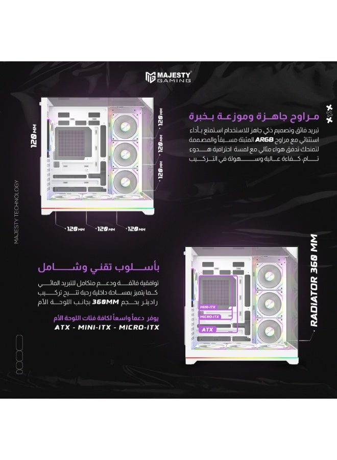 ماجيستي صندوق كمبيوتر ماجيستي ميد تاور إكس سبيس بلس، مزوّد بـ7 مراوح ARGB إنفينيتي 120 ملم مثبتة مسبقًا ، دعم لوحات ATX، منفذ Type-C و2×USB 3.0، مع إضاءة RGB سفلية محيطية – أبيض - Image 3