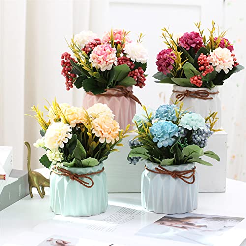 BLOSMON Fake Flowers in Vase for Centerpieces: 4 PCS 5.9 Inch Small Artificial Hydrangea with Vase Table Decor - Faux Floral Arrangements Desk Home Party Bathroom Office Decorations - Image 2