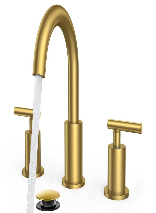 FORIOUS Brushed Gold Bathroom Faucet 3 Hole, 8 Inch Widespread Bathroom Faucet Gold with Metal Pop-up Drain Assembly, Two Handle Vanity Faucet with cUPC Supply Lines, 8" Gold Bathroom Faucet - Image 1