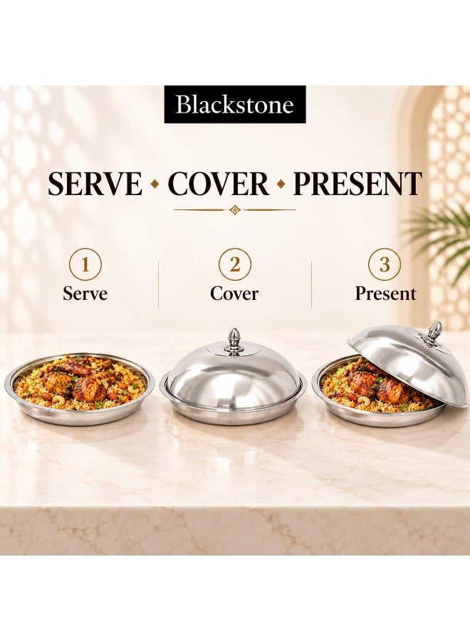 BLACKSTONE Qouzi Serving Dish 50cm with Lid, Stainless Steel Mandi Biryani Rice Serving Tray, Large Round Food Serving Platter for Family Meals & Gatherings - Image 3
