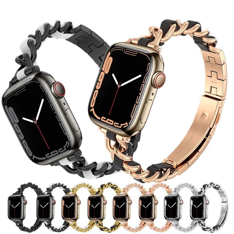 Bluejw New Design Women's Apple Watch Band – Replace the Watch Strap with Stylish Metal Single Chain & Leather Strap, Stainless Steel Buckle, Resin Wristband for Apple Watch - Image 2