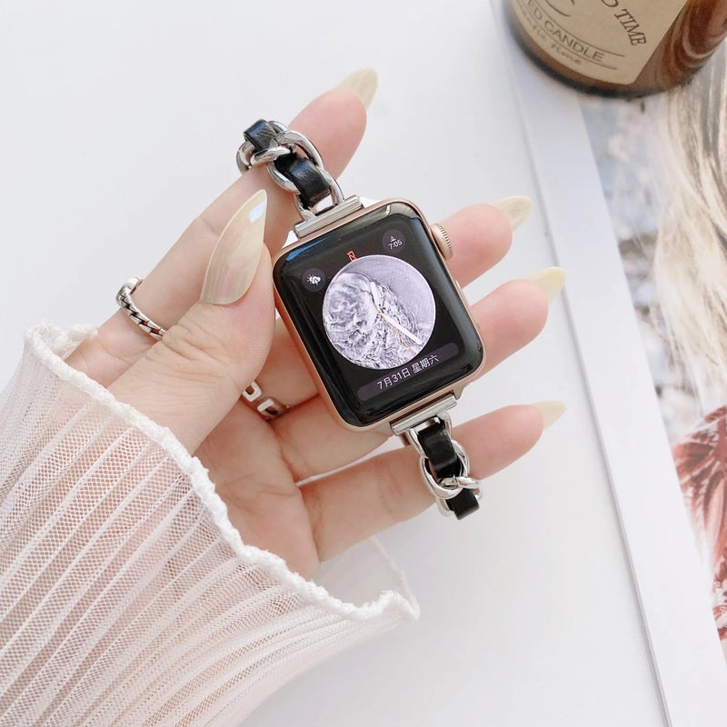 Bluejw New Design Women's Apple Watch Band – Replace the Watch Strap with Stylish Metal Single Chain & Leather Strap, Stainless Steel Buckle, Resin Wristband for Apple Watch - Image 4
