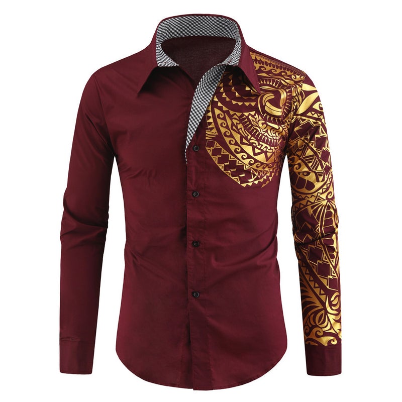 ebay2021 New Men's Fashion Slim Shirt Creative Totem Bronzing Printed Long Sleeve Shirt - Image 1