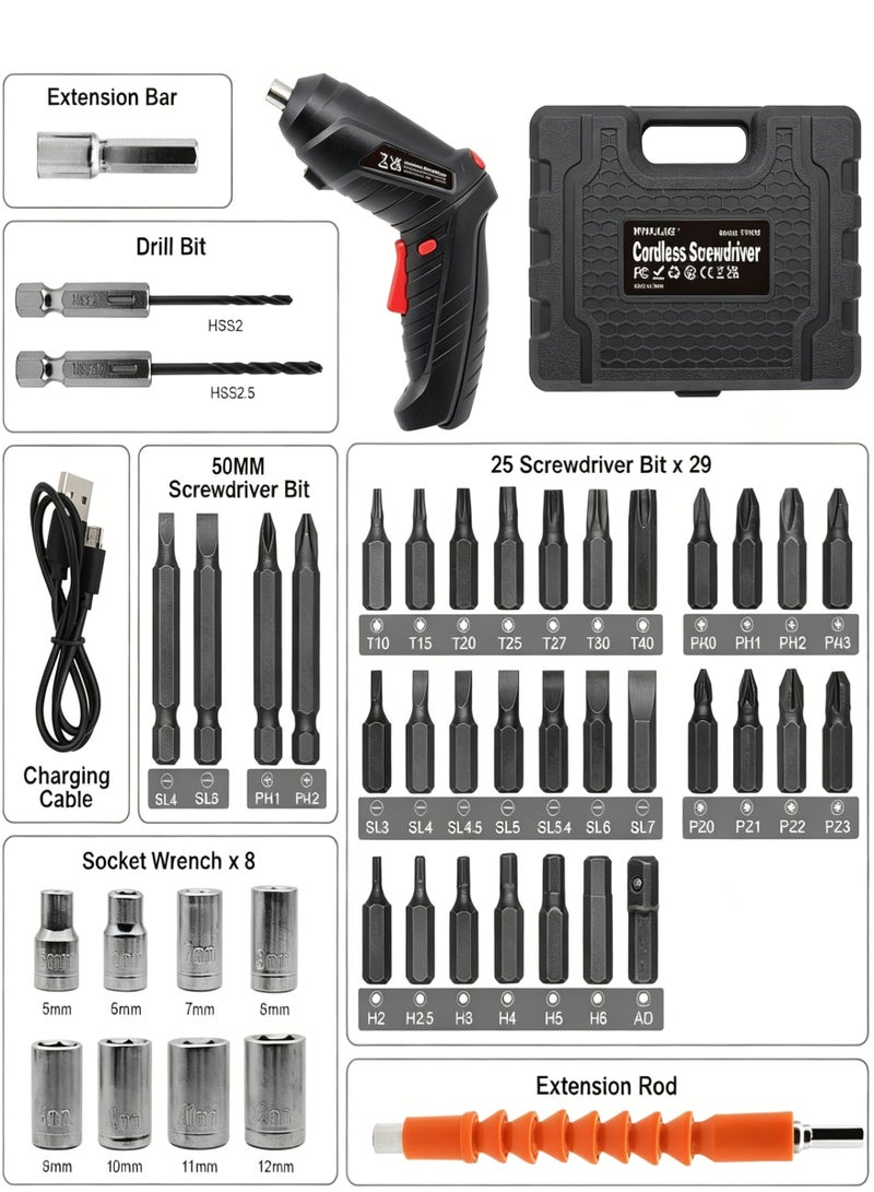 loven Cordless electric screwdriver set, includes 47 accessories, USB rechargeable, with LED light. - Image 4