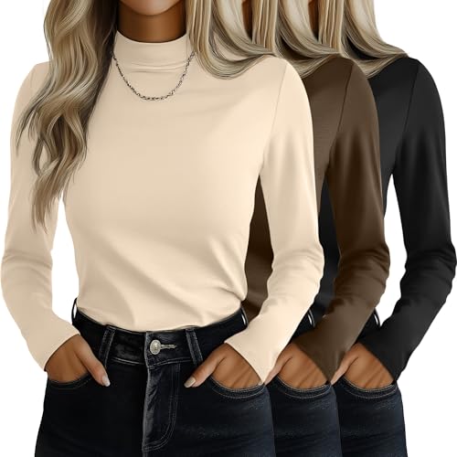Ficerd 3 Pack Womens Mock Turtleneck Shirts Long Sleeve Mock Neck Pullover Tops Slim Fitted Stretch Undershirt Tee BlouseBlack Brown ApricotLarge - Image 1