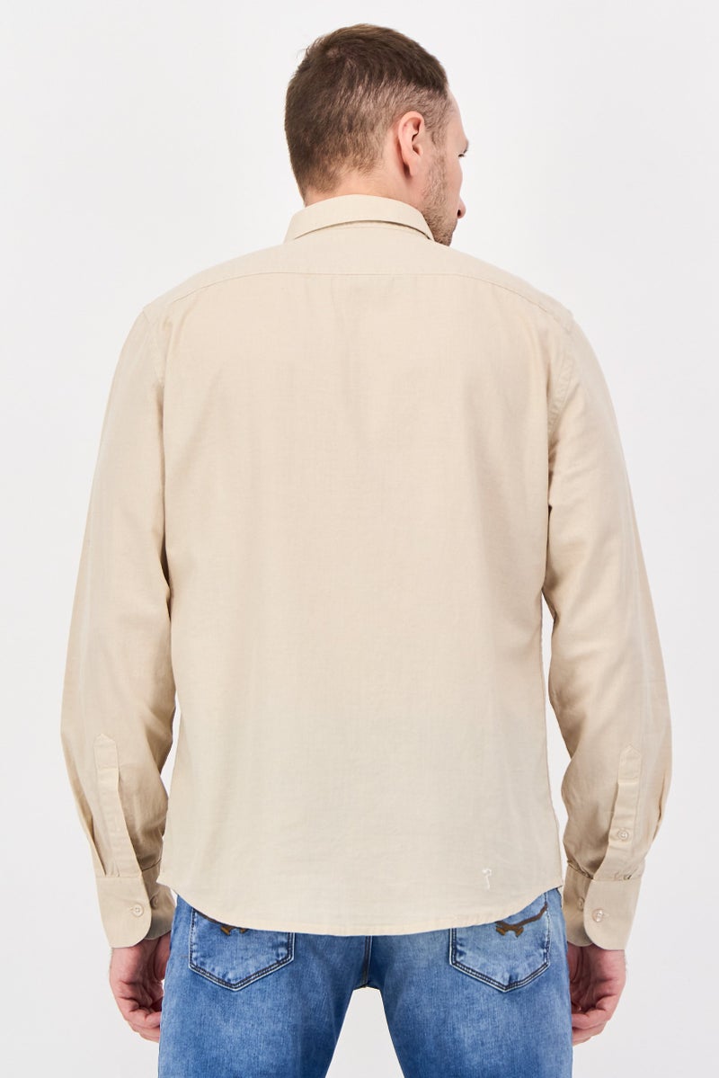 Nautica Jeans Men Regular Fit Long Sleeve Plain Casual Shirt, Beige - Image 4