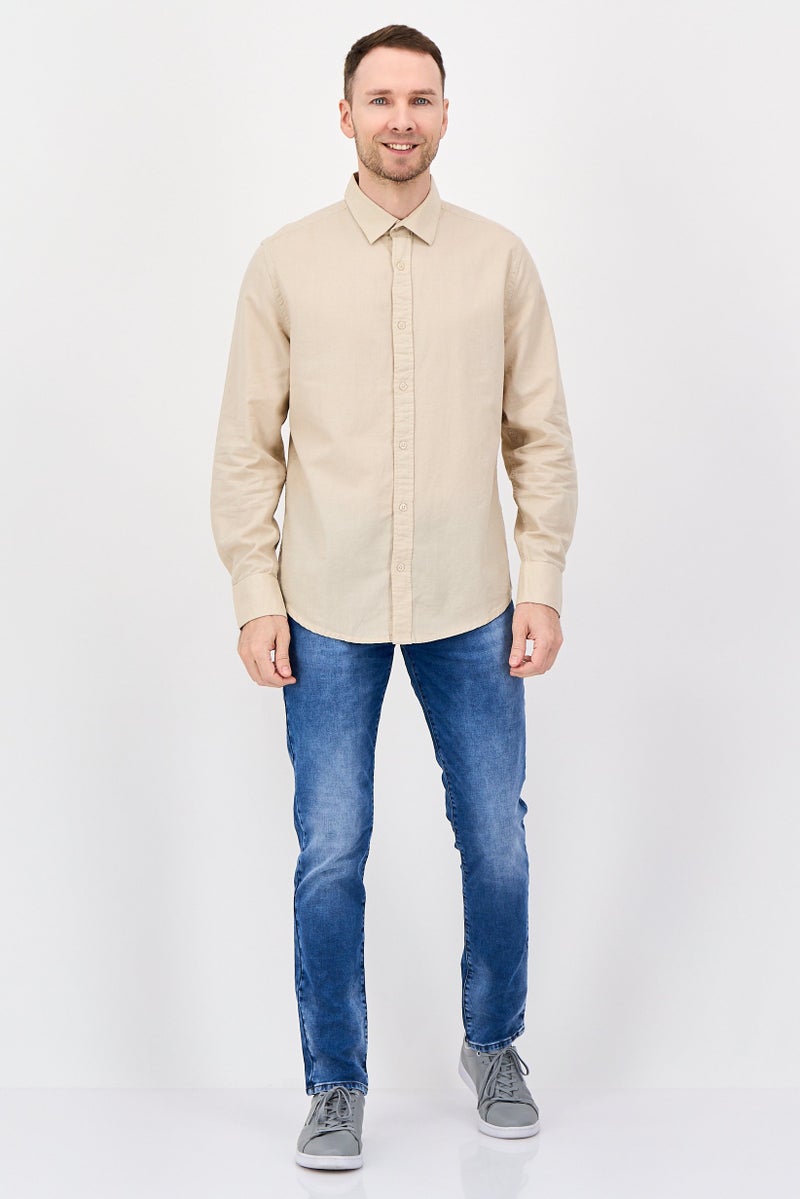 Nautica Jeans Men Regular Fit Long Sleeve Plain Casual Shirt, Beige - Image 3