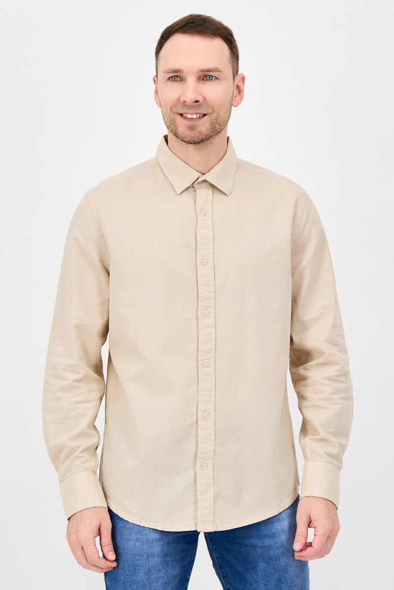 Nautica Jeans Men Regular Fit Long Sleeve Plain Casual Shirt, Beige - Image 1