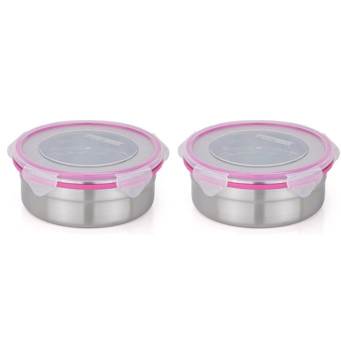 SS CONTAINERDABBA WITH 4 SIDE CLIP LOCK SEE THROUGH LID FOR OFFICE SCHOOL USEFOOD GRADEAIR TIGHTEASY TO CARRYLEAK PROOF SL14012PCS X 750 ML PINK