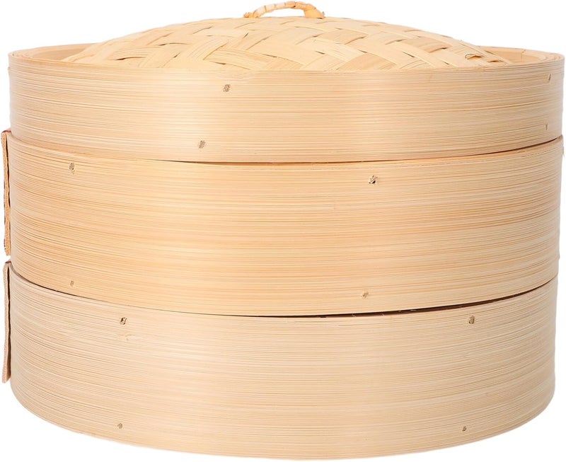 Steamer Basket Set 2-tier 26cm Handwoven Natural Dumpling Steamer for Vegetables Buns and Chicken Cooking with Lid Asian Kitchen Cookware - Image 1