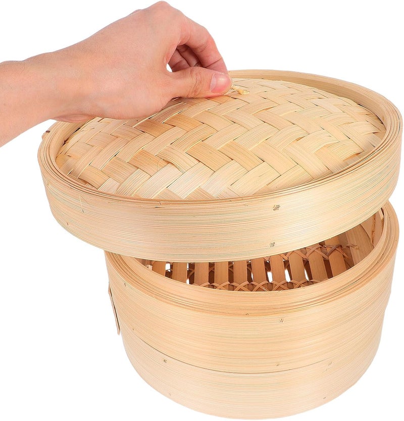 Steamer Basket Set 2-tier 26cm Handwoven Natural Dumpling Steamer for Vegetables Buns and Chicken Cooking with Lid Asian Kitchen Cookware - Image 4