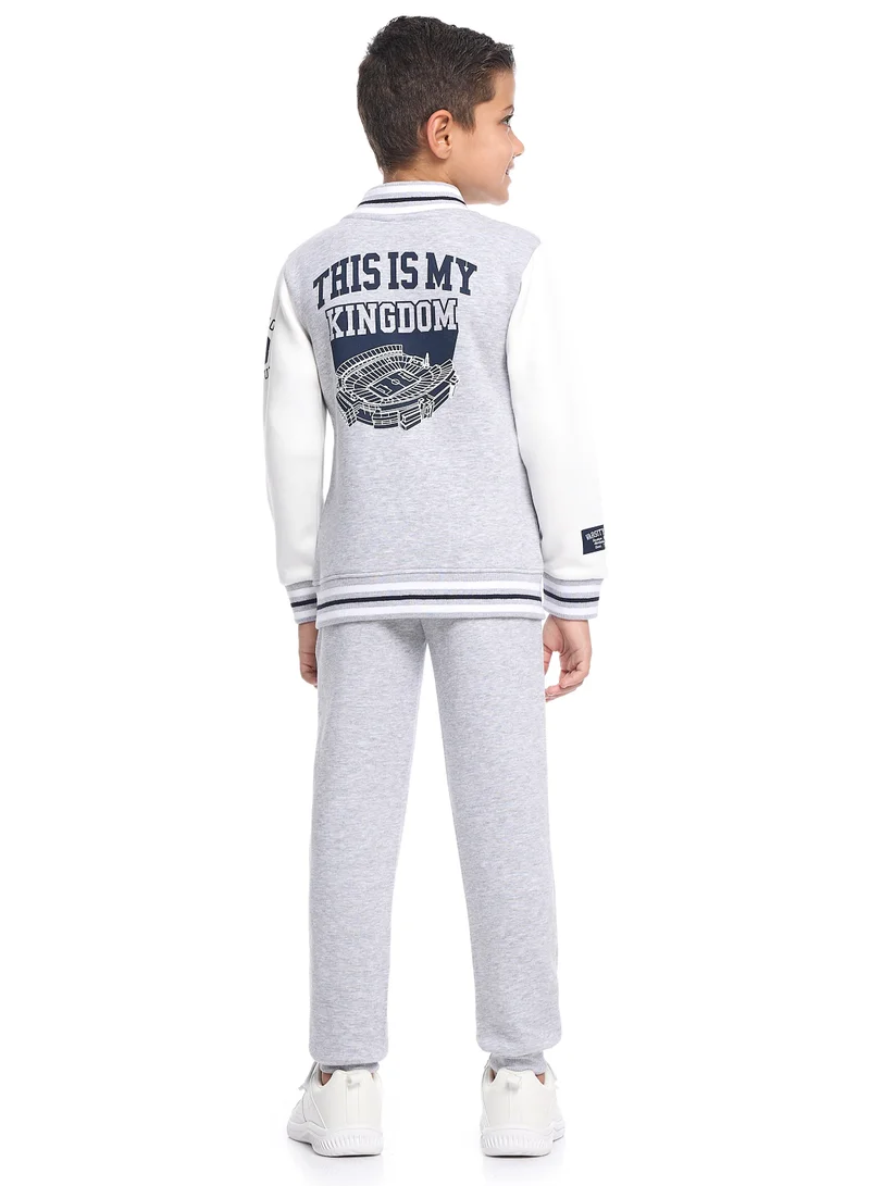 victor and jane Boys’ Stylish Varsity Tracksuit – Grey Boston Print Jacket &amp; Joggers
