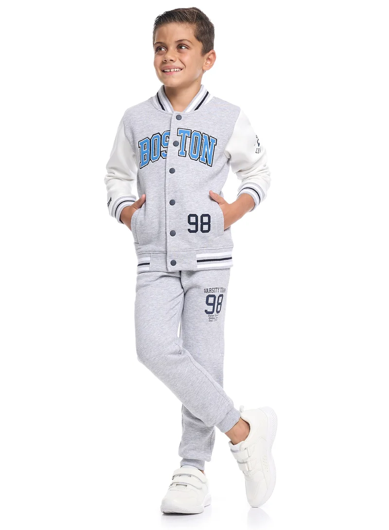 victor and jane Boys’ Stylish Varsity Tracksuit – Grey Boston Print Jacket &amp; Joggers