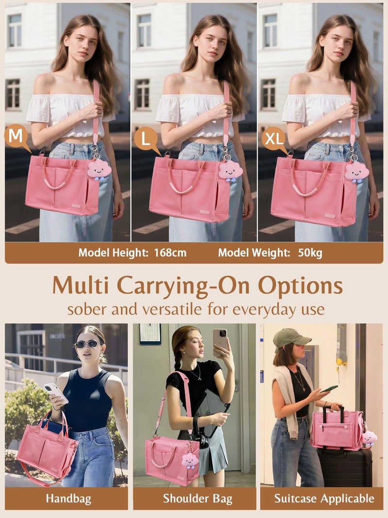 BESBESME Canvas Tote Bag for Women with Zipper & Compartments- Multi-Pocket Work & College Crossbody Shoulder Bag, Detachable Strap, Laptop Purse for Teachers, Nurses, Travel, Bible Study, Pink L - Image 2