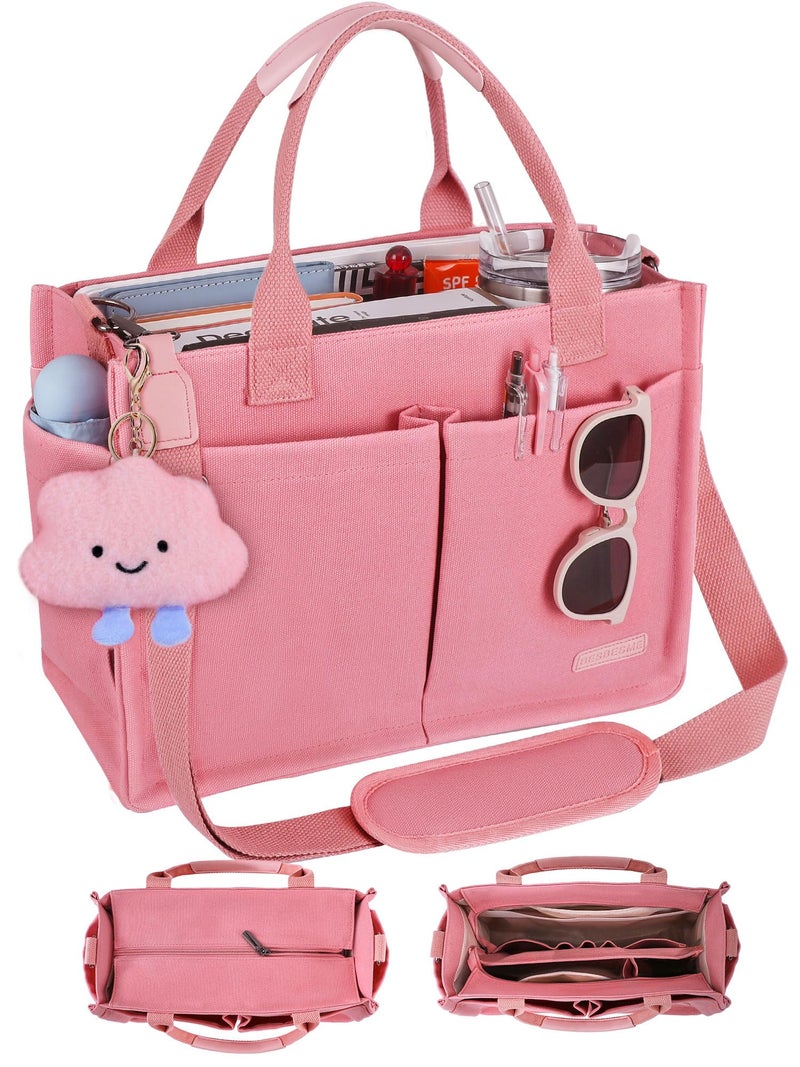 BESBESME Canvas Tote Bag for Women with Zipper & Compartments- Multi-Pocket Work & College Crossbody Shoulder Bag, Detachable Strap, Laptop Purse for Teachers, Nurses, Travel, Bible Study, Pink L - Image 1