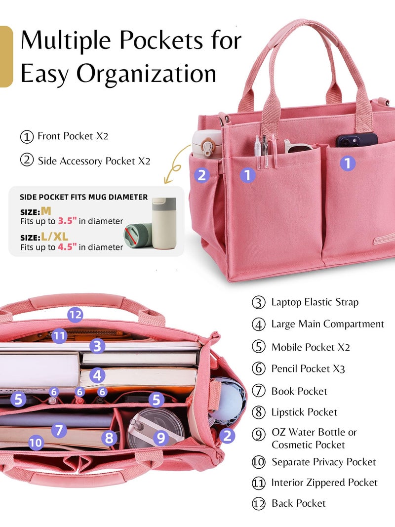BESBESME Canvas Tote Bag for Women with Zipper & Compartments- Multi-Pocket Work & College Crossbody Shoulder Bag, Detachable Strap, Laptop Purse for Teachers, Nurses, Travel, Bible Study, Pink L - Image 4