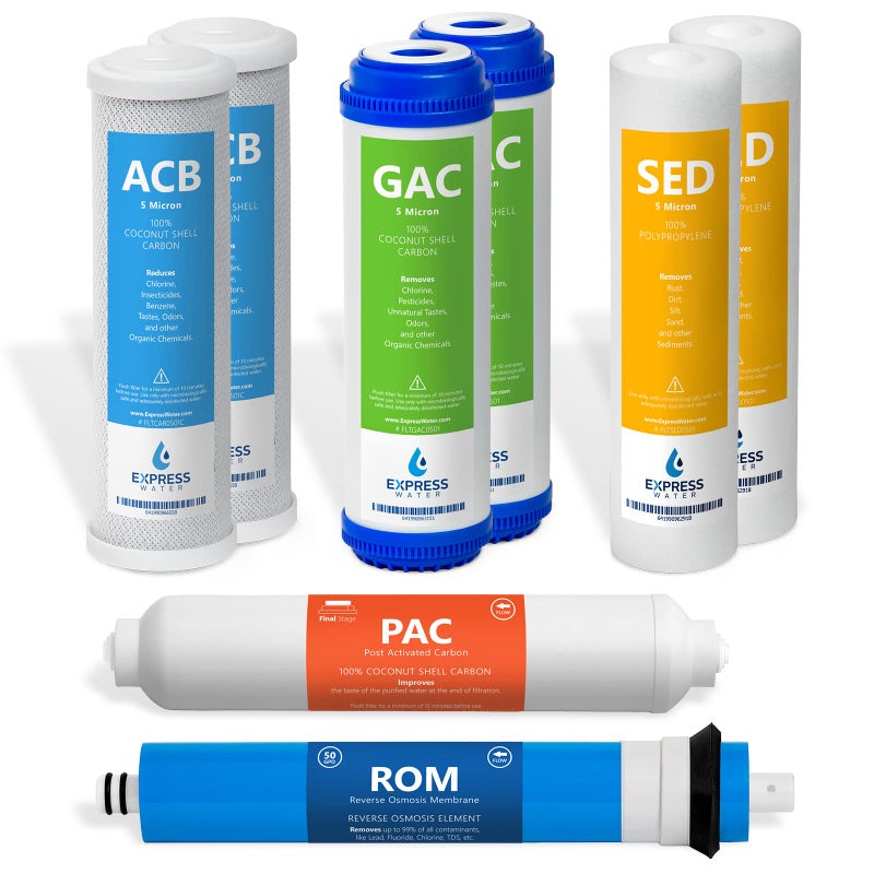 Express Water 1 Year Reverse Osmosis System Replacement Filter Set 8 Filters with 50 GPD RO Membrane Carbon GAC ACB PAC Filters Sediment SED Filters 10 inch Size Water Filters