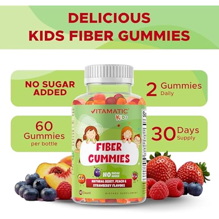 Vitamatic Kids Prebiotic Fiber Gummies – Extra Strength 4g Fiber – Zero Sugar Added – 60 Pectin-Based Gummies – Digestive Health & Regularity Support - Image 3