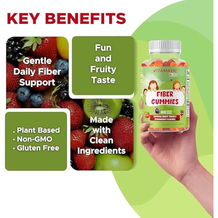 Vitamatic Kids Prebiotic Fiber Gummies – Extra Strength 4g Fiber – Zero Sugar Added – 60 Pectin-Based Gummies – Digestive Health & Regularity Support - Image 5