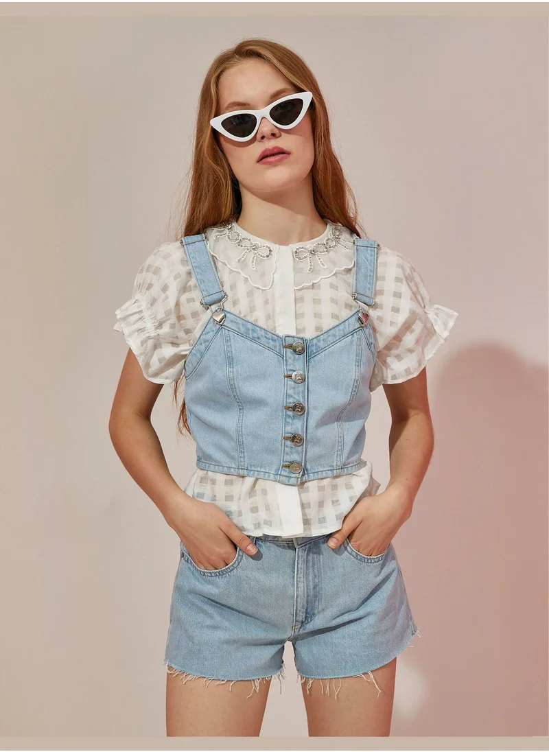 كوتون Button Detail Crop Jean Tank Top