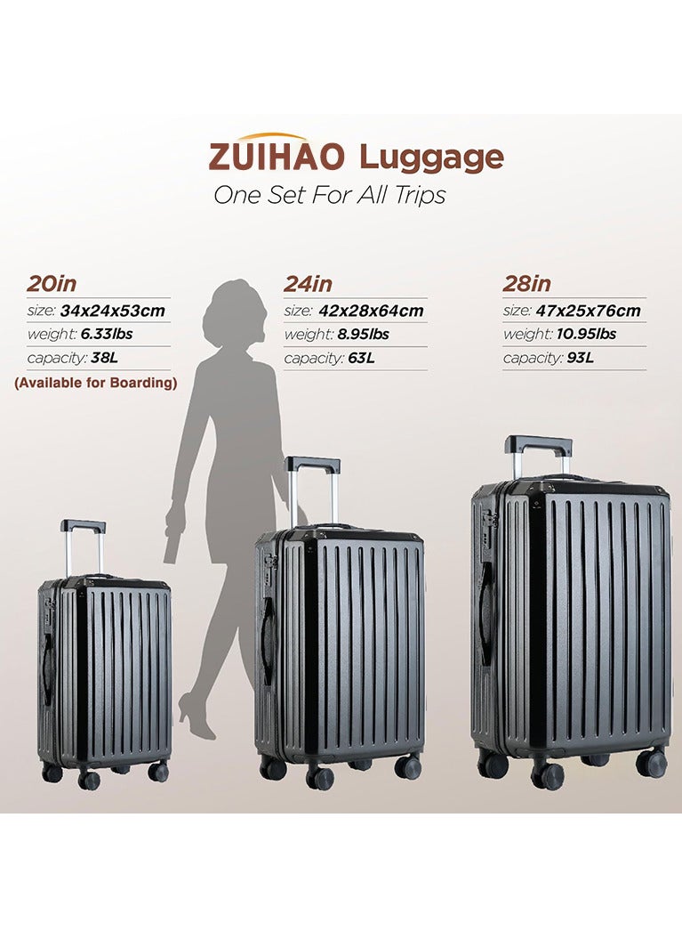 زويهاو حقيبة سفر ZUIHAO ذات الجوانب الصلبة المكونة من 3 قطع مع قفل إدارة أمن النقل، حقيبة سفر خفيفة الوزن مع عجلات دوارة، مجموعات حقائب حمل متينة للعائلة 20/24/28 بوصة، سوداء  - Image 4