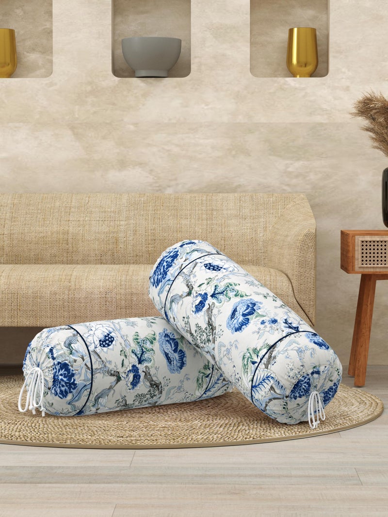 Clasiko® Cotton Bolster Covers; Set of 2; 220 TC; Blue Grey Flowers; 30x15 Inches - Image 2
