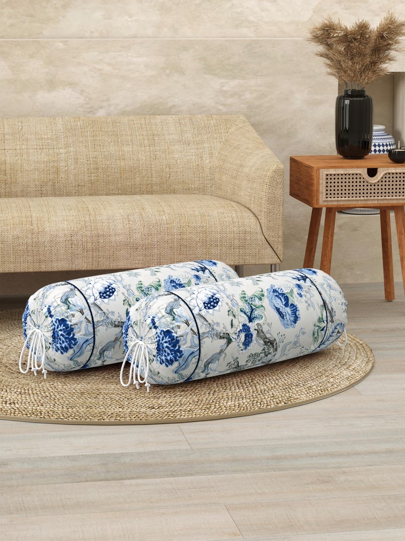 Clasiko® Cotton Bolster Covers; Set of 2; 220 TC; Blue Grey Flowers; 30x15 Inches - Image 1