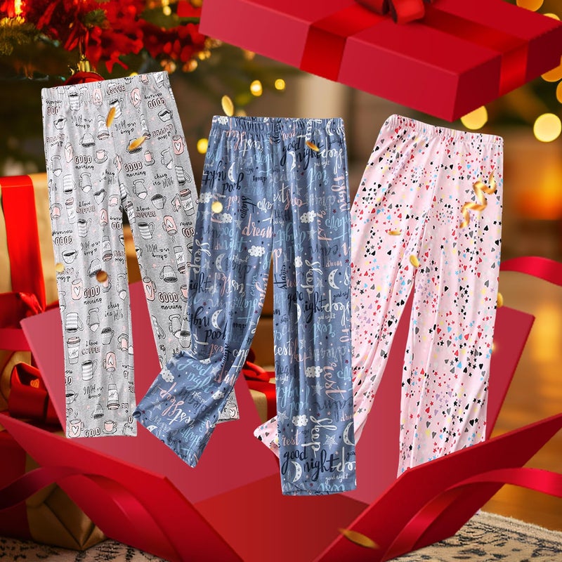 PNAEONG Pajama Pants Women 3 Pack Soft Cotton Lounge Pants Women Comfy PJ Casual Sleep Pant Print Women's Pajama Bottoms Sleepwear with Elastic Waistband & Pockets, Good Night+Coffee+Pink-L - Image 2