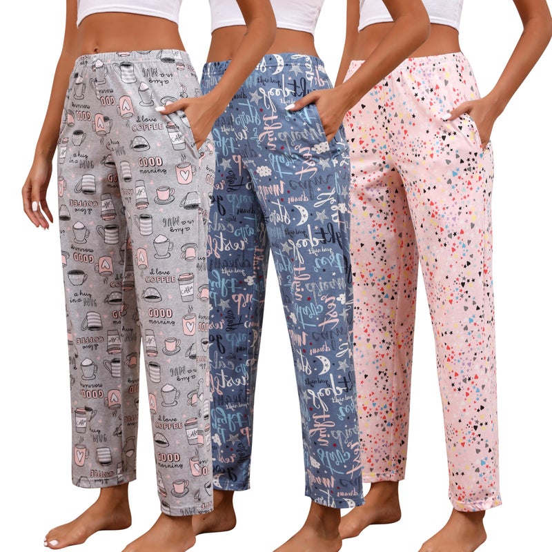 PNAEONG Pajama Pants Women 3 Pack Soft Cotton Lounge Pants Women Comfy PJ Casual Sleep Pant Print Women's Pajama Bottoms Sleepwear with Elastic Waistband & Pockets, Good Night+Coffee+Pink-L - Image 1