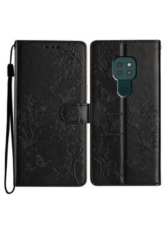 For Motorola Moto G9 / G9 Play Butterflies and Flowers Leather Phone Case(Black)