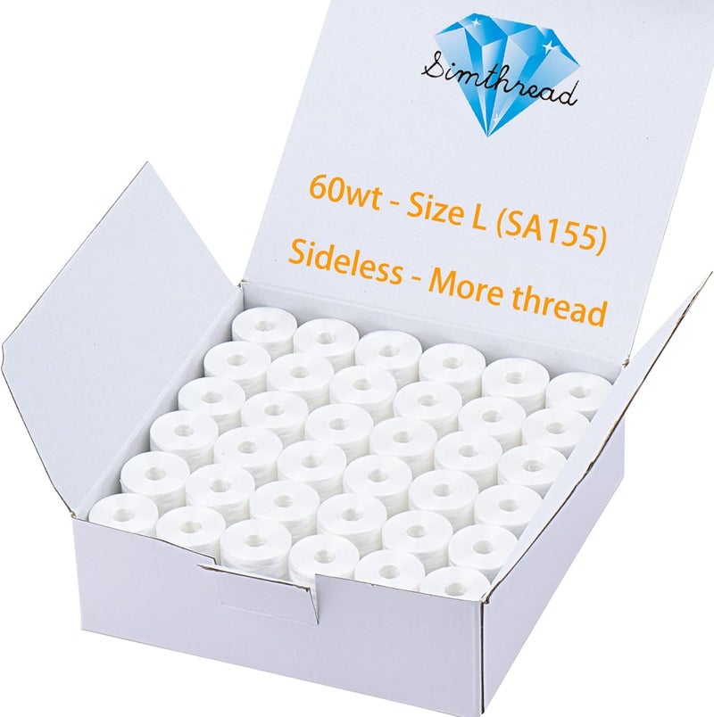 simthread 144 Prewound Bobbin Thread Size L 60WT (SA155) for Husqvarna Viking pfaff Creative Commercial Multi-Head Embroidery Machines - Sideless White - Image 1