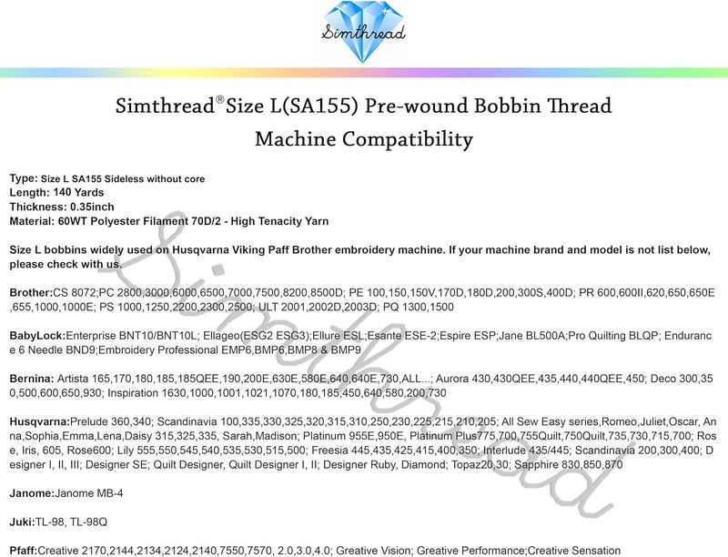 simthread 144 Prewound Bobbin Thread Size L 60WT (SA155) for Husqvarna Viking pfaff Creative Commercial Multi-Head Embroidery Machines - Sideless White - Image 4