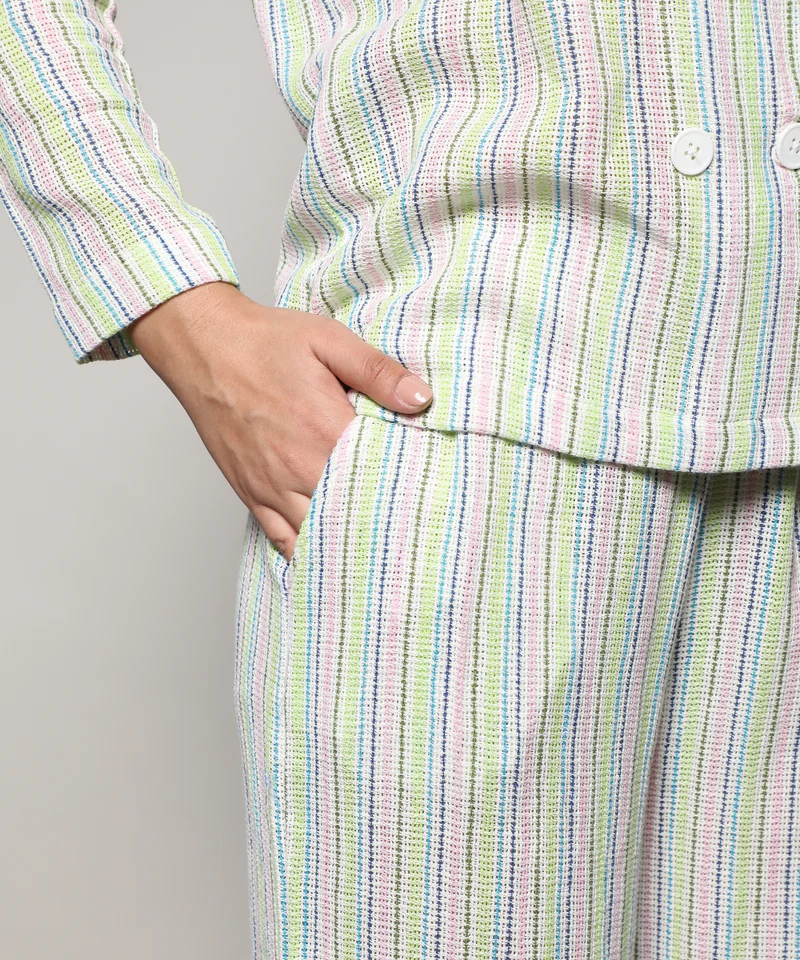 Campus Sutra Women's Lime Green & Baby Pink Unbalanced Striped Double-Breasted Co-Ord Set
